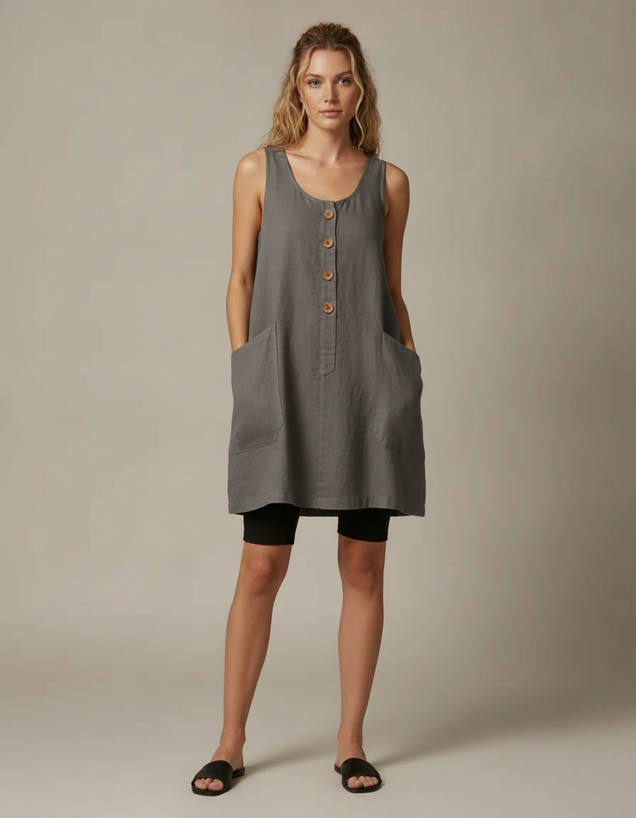 Button Front Linen-Look Dress — Grey