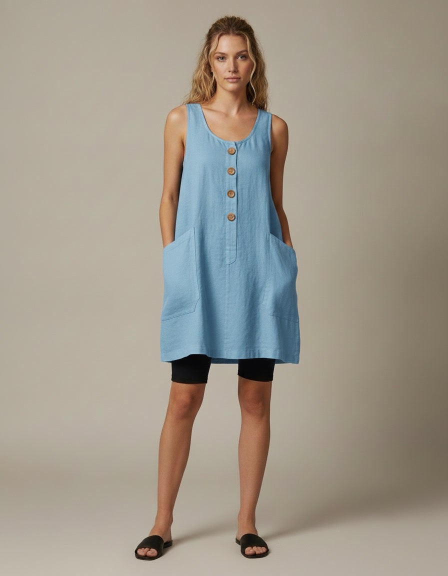 Button Front Linen-Look Dress — Sky Blue