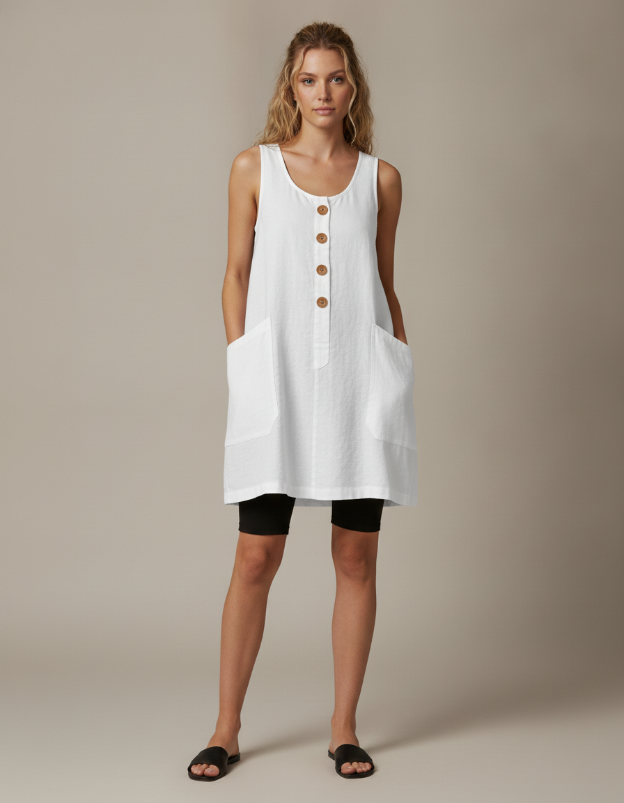 Button Front Linen-Look Dress — White