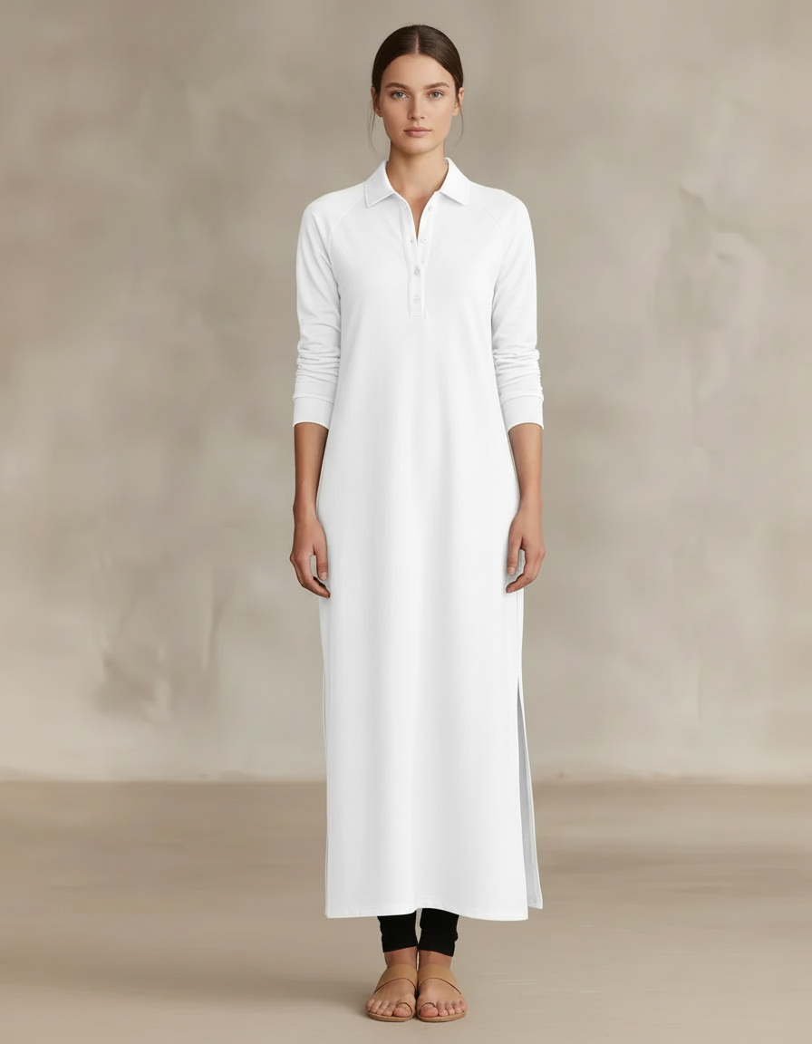 Collared Sweatshirt Maxi Dress — White