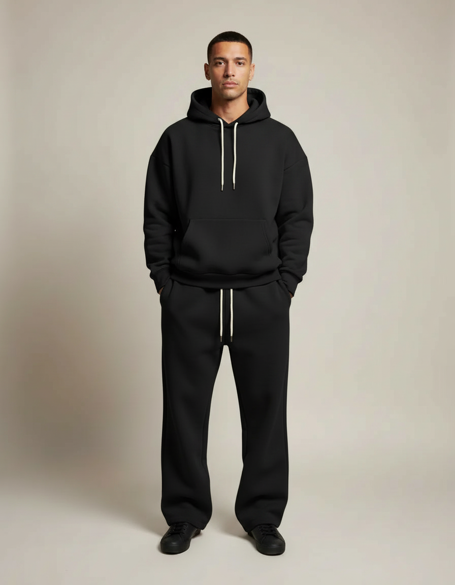 Relaxed Fleece Hoodie Set — Black