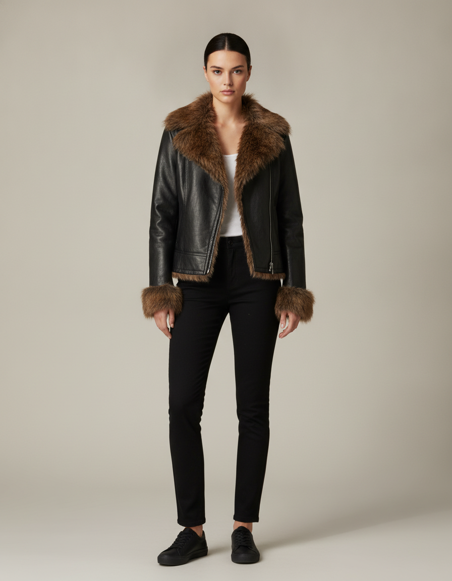 Faux Fur Collar Leather Jacket — front view