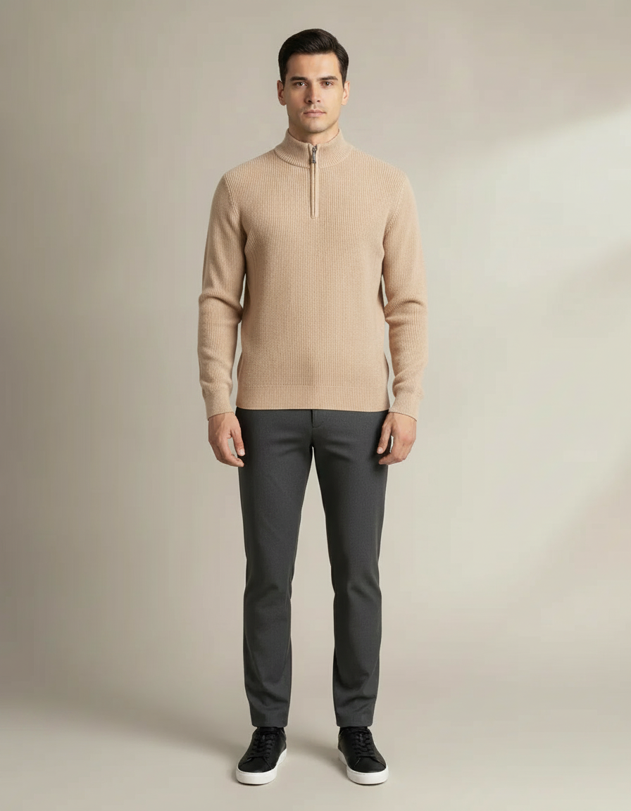 Half-Zip Ribbed Sweater — Beige