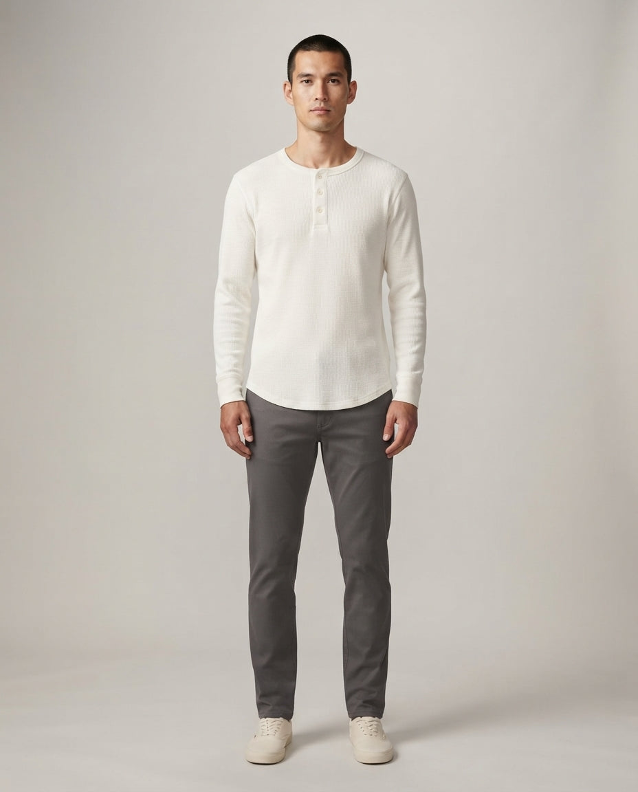 Cotton Waffle Henley — front view on model