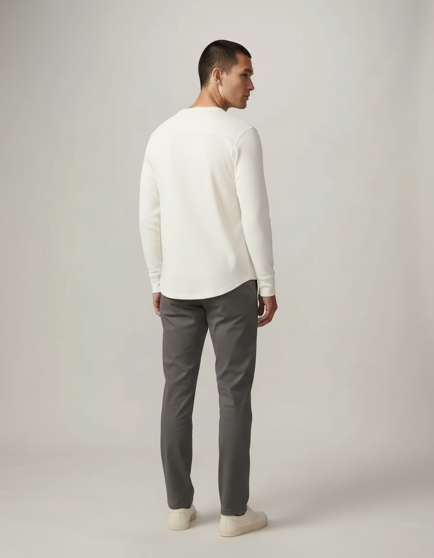 Cotton Waffle Henley — back view on model