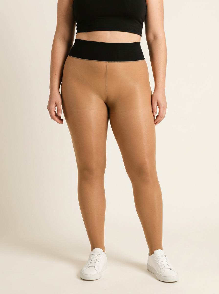 Fleece-lined sheer tights in Honey Tan with black compression waistband, front view