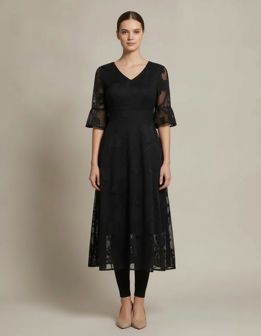 Lace Jacquard Midi Dress — Black