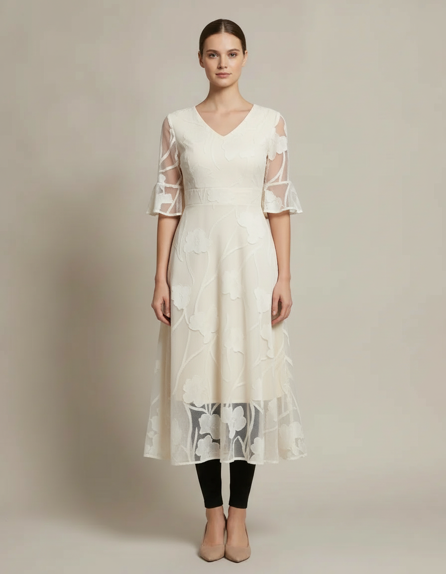 Lace Jacquard Midi Dress — White