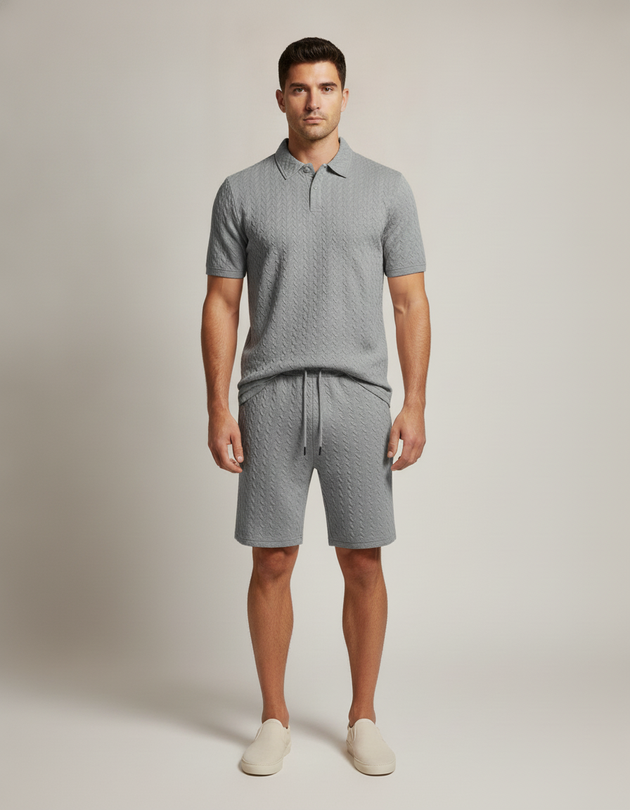 Textured Polo & Short Set — Grey