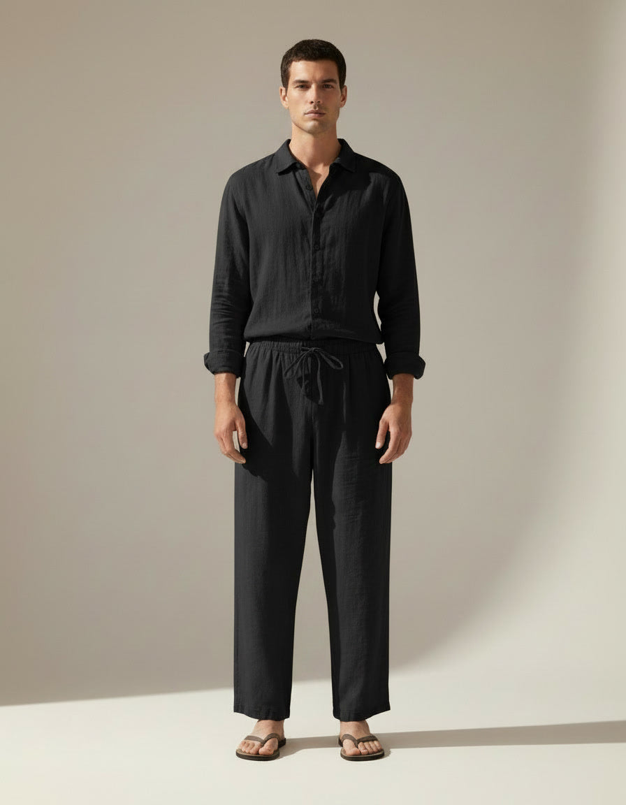 Linen Shirt & Trouser Set — Black