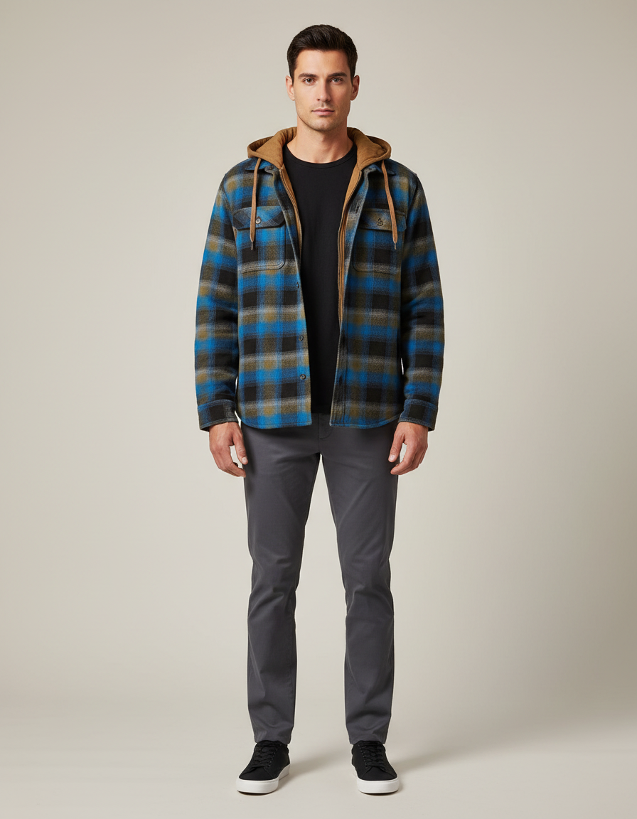 Sherpa Lined Plaid Hooded Jacket — front view