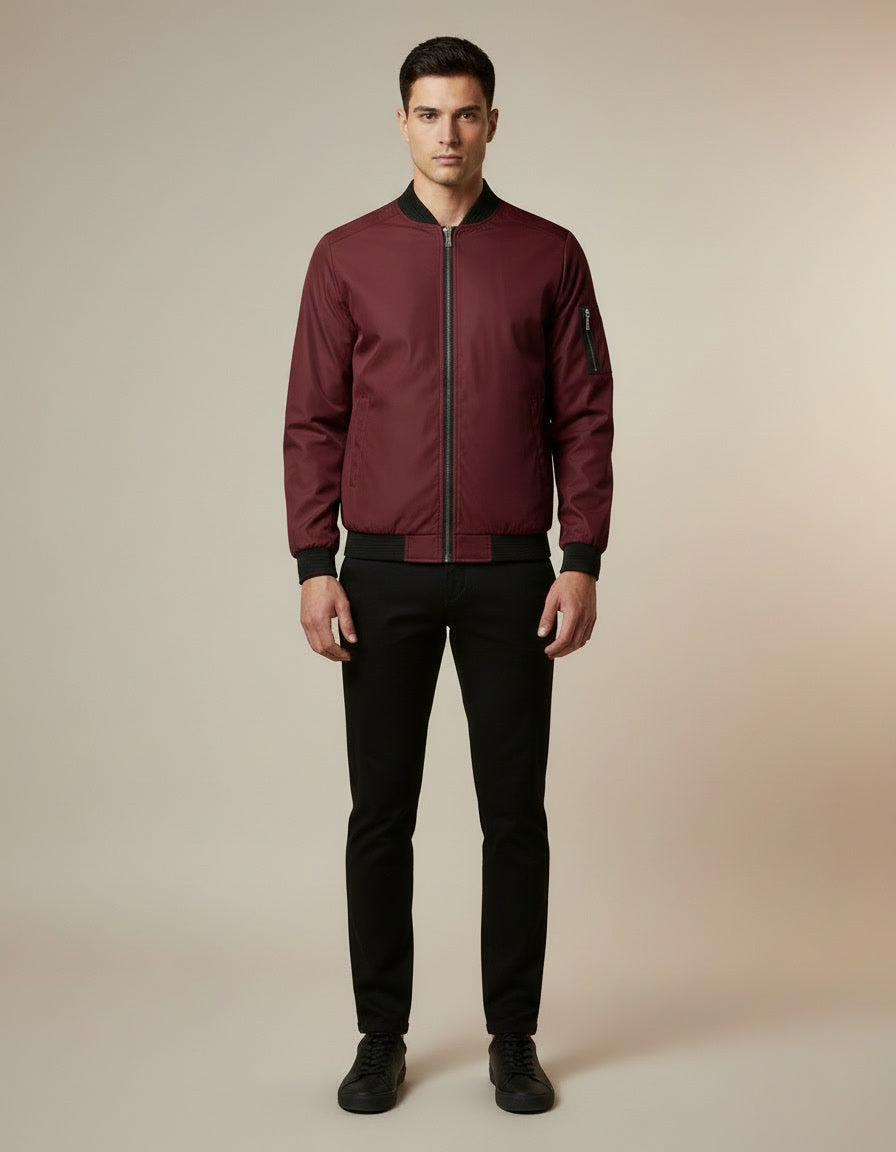 Slim Fit Baseball Jacket — Burgundy