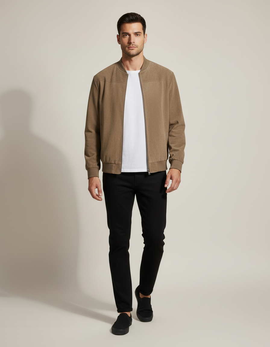 Suede Bomber Jacket — in motion