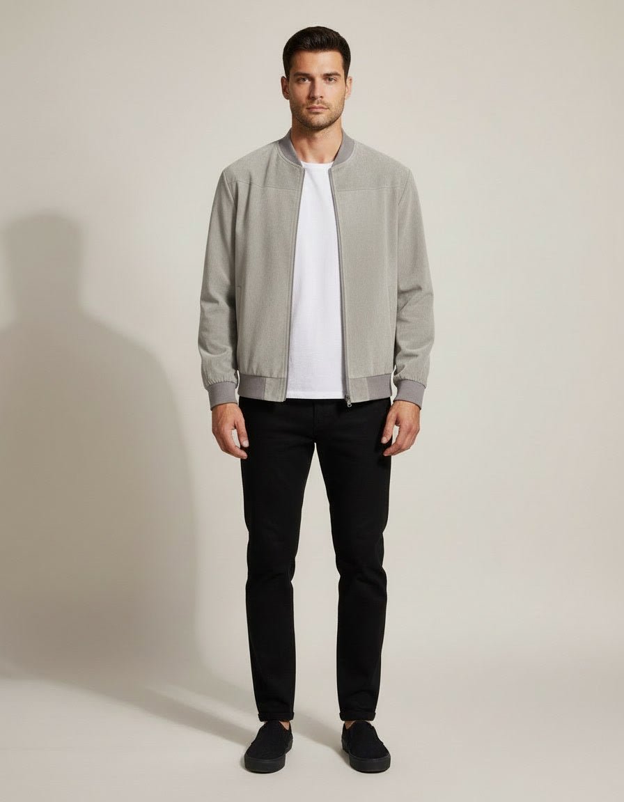 Suede Bomber Jacket — Light Grey