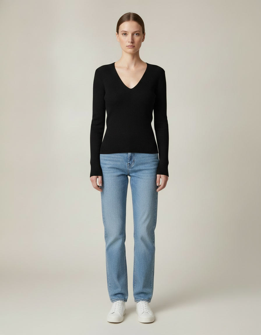 V-Neck Rib Knit Top — Black