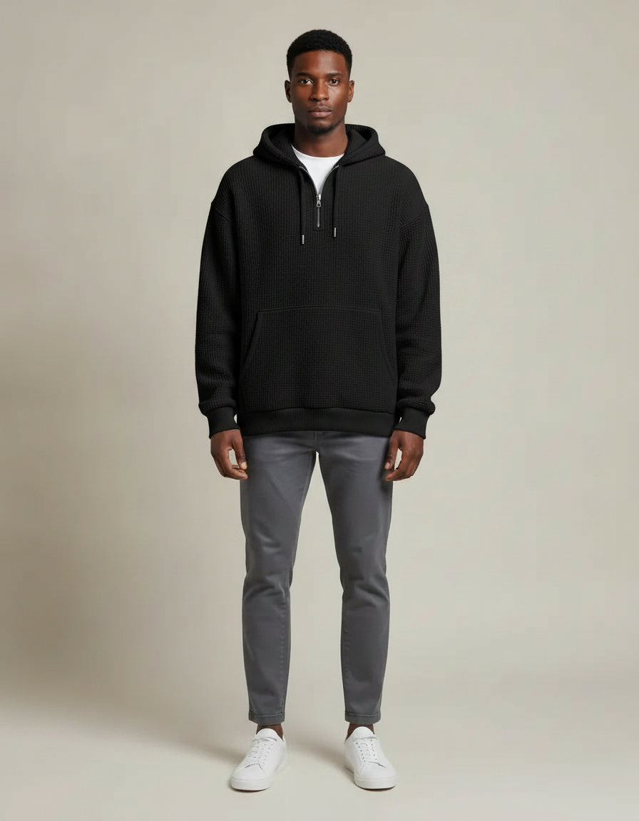 Waffle Knit Hoodie — Black