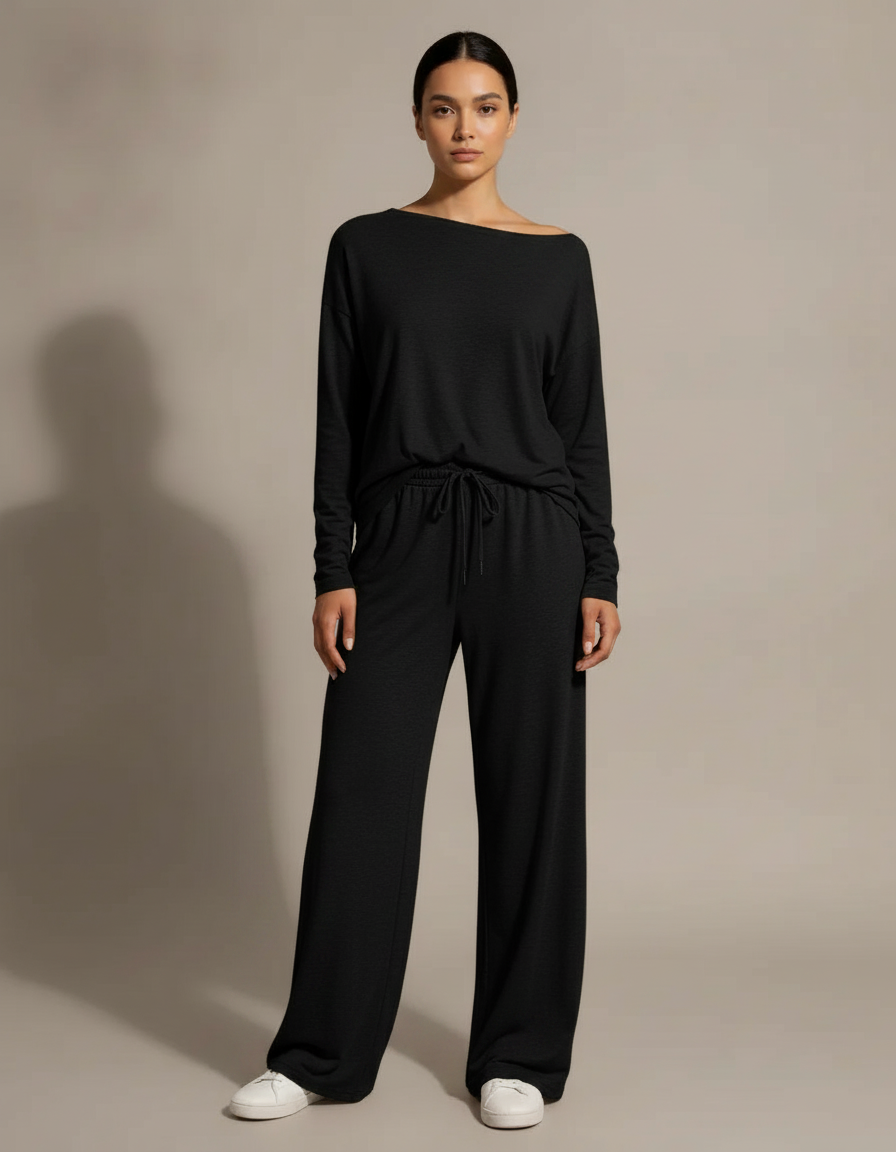 Off-Shoulder Wide Leg Set — Black