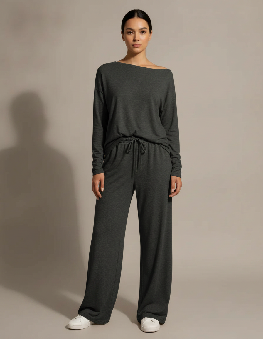Off-Shoulder Wide Leg Set — Charcoal