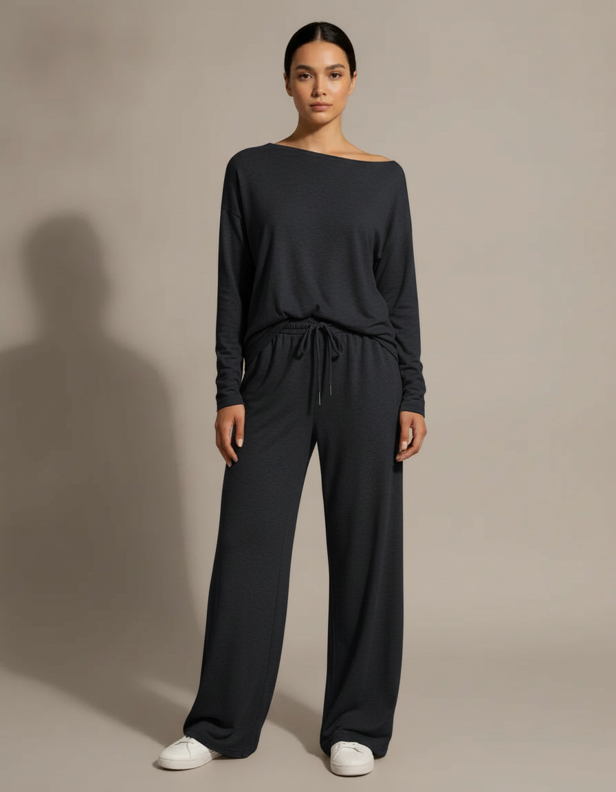 Off-Shoulder Wide Leg Set — Navy