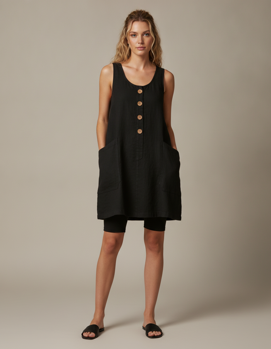 Button Front Linen-Look Dress — front view