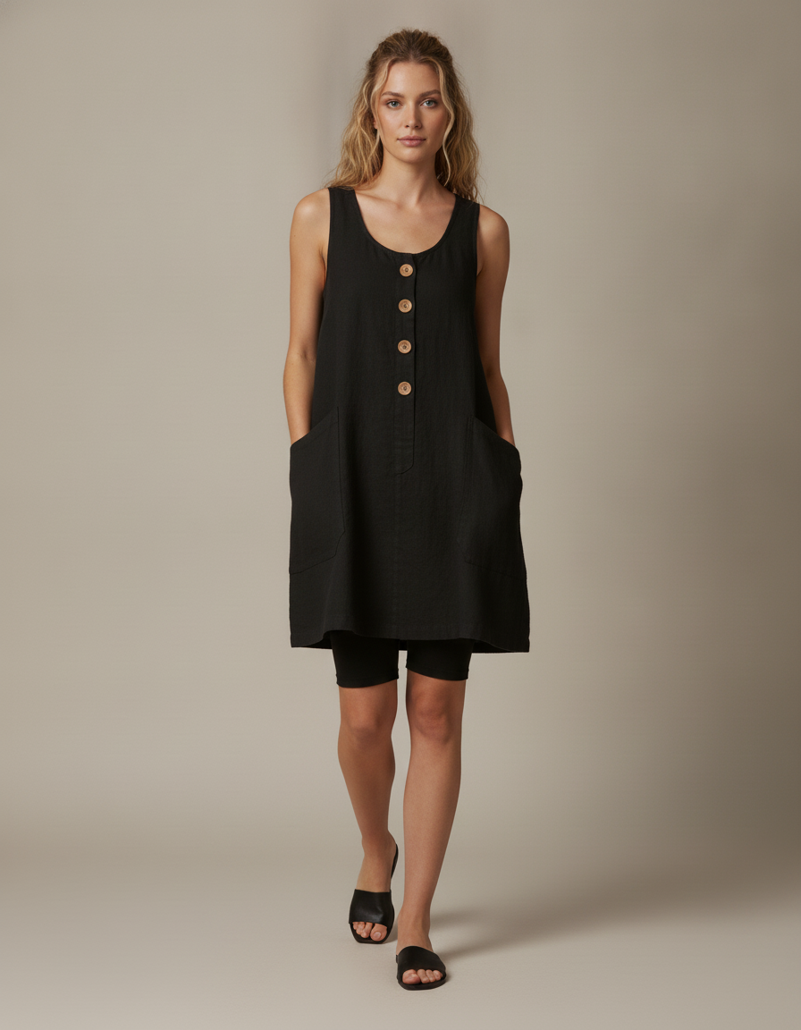 Button Front Linen-Look Dress — in motion