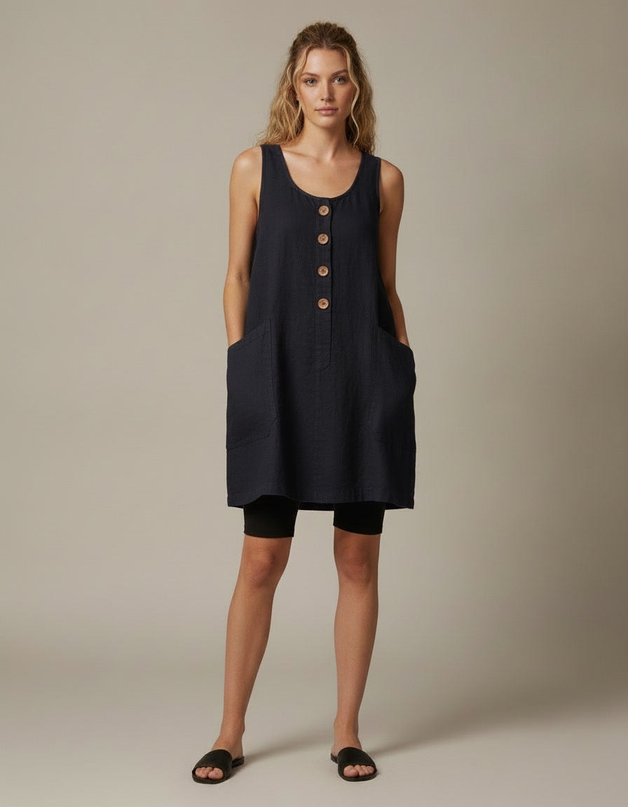 Button Front Linen-Look Dress — Navy