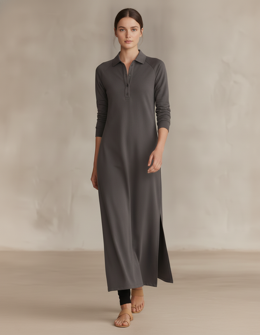 Collared Sweatshirt Maxi Dress — in motion