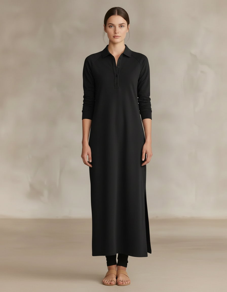 Collared Sweatshirt Maxi Dress — Black