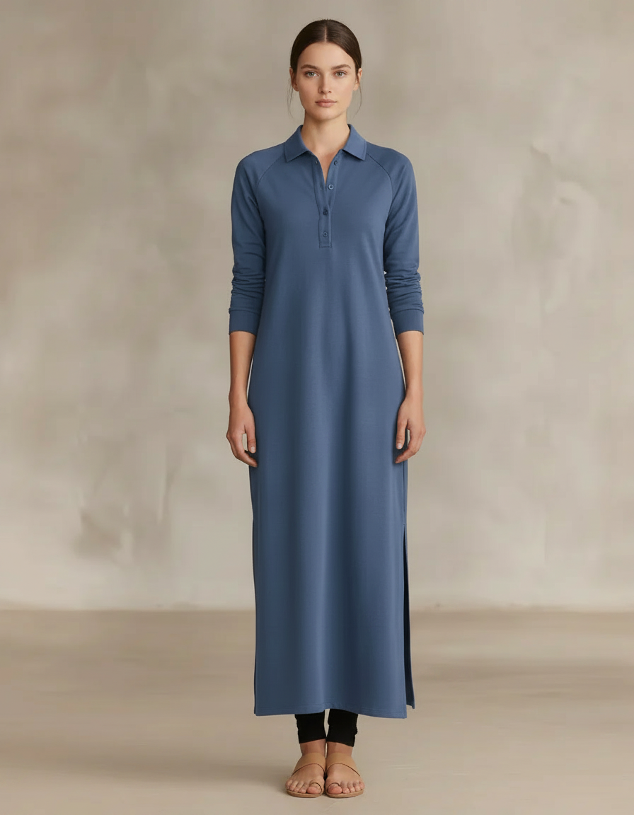 Collared Sweatshirt Maxi Dress — Blue