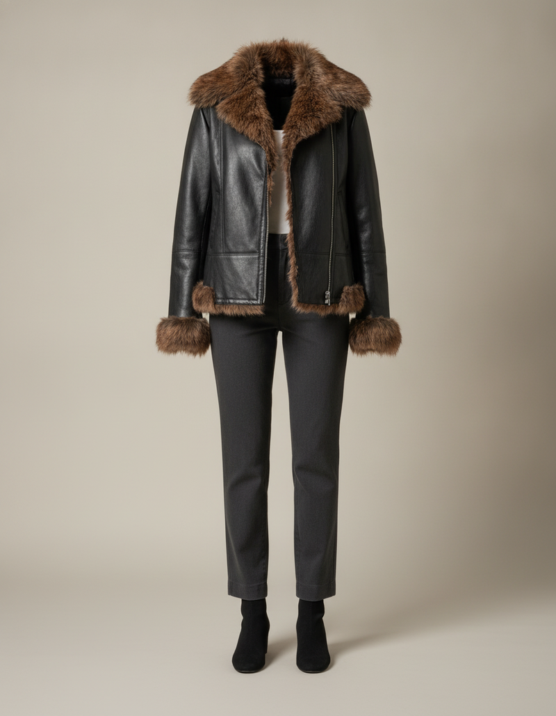 Faux Fur Collar Leather Jacket — product shot