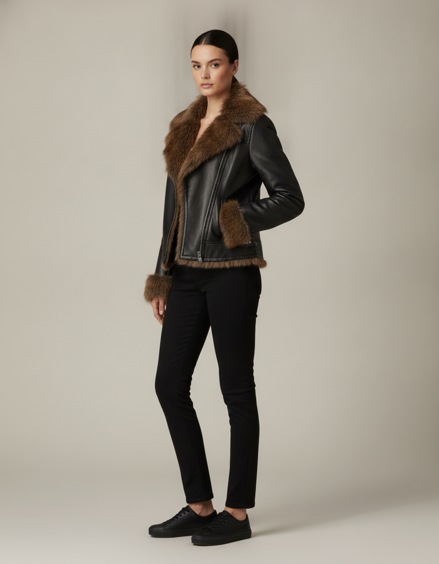 Faux Fur Collar Leather Jacket — side view