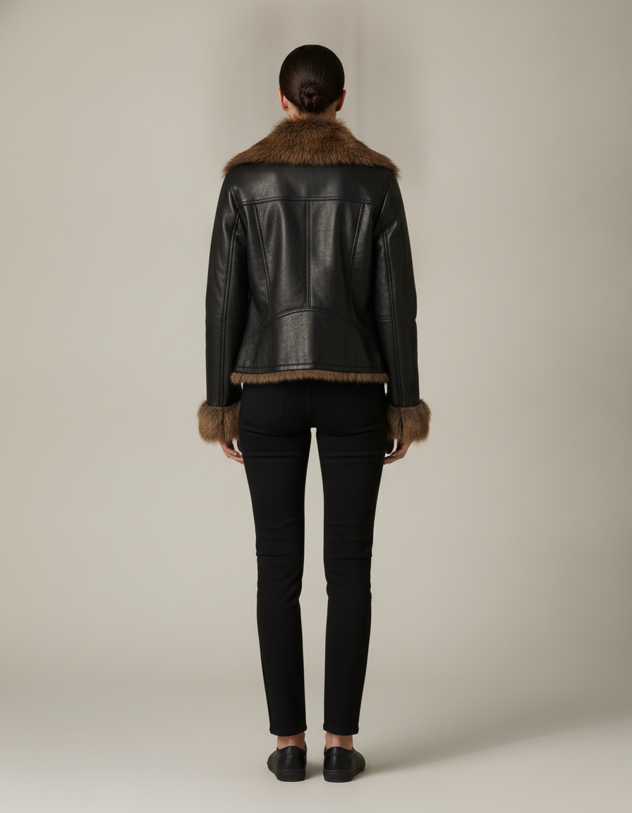 Faux Fur Collar Leather Jacket — back view
