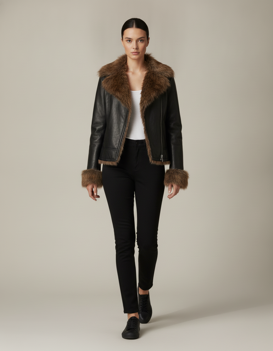 Faux Fur Collar Leather Jacket — in motion