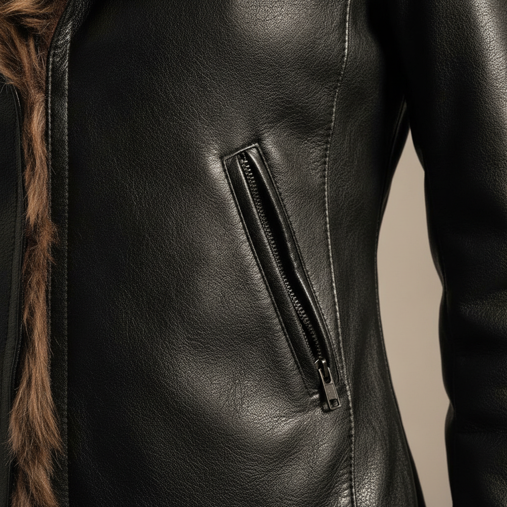 Faux Fur Collar Leather Jacket — fabric detail