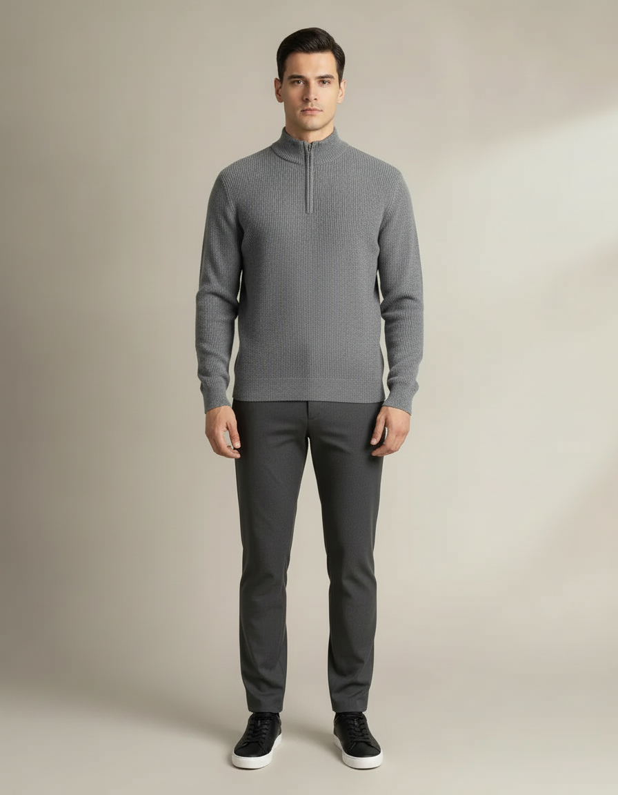 Half-Zip Ribbed Sweater — Grey