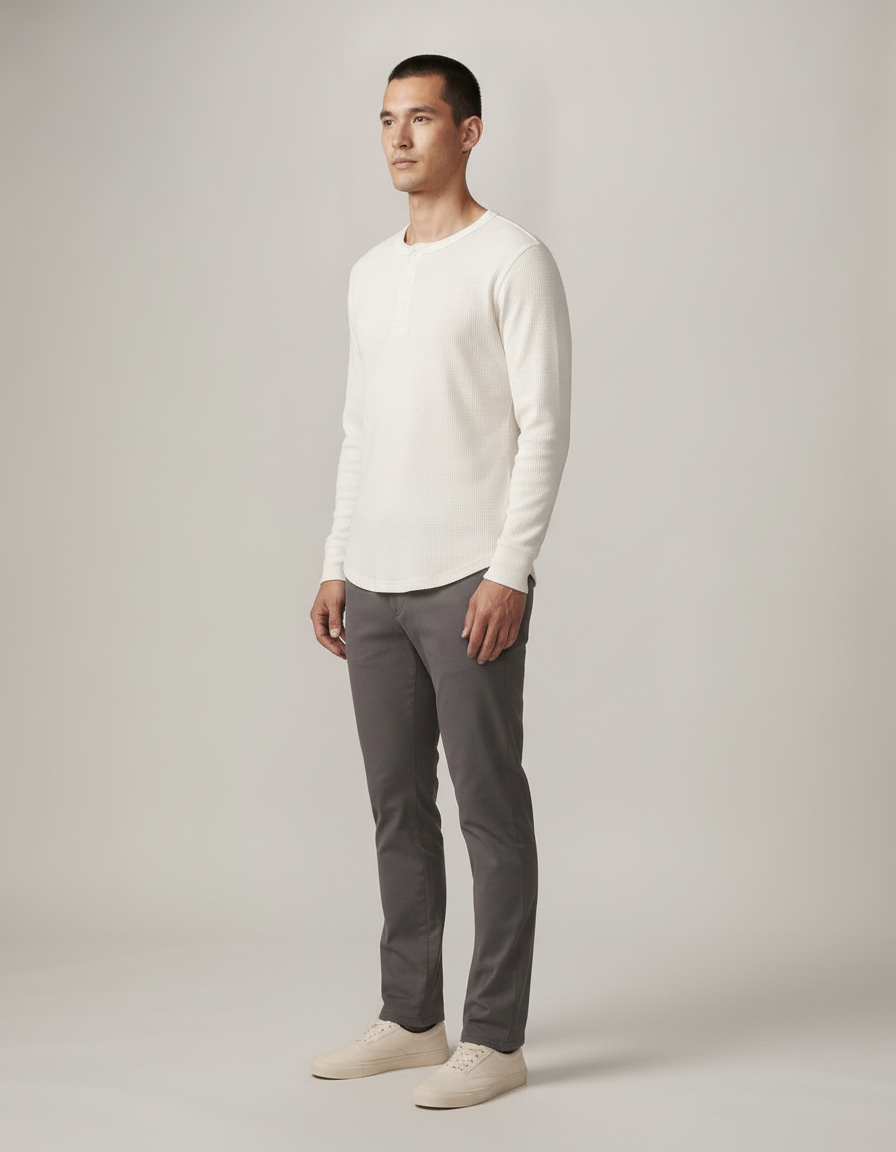 Cotton Waffle Henley — side view on model