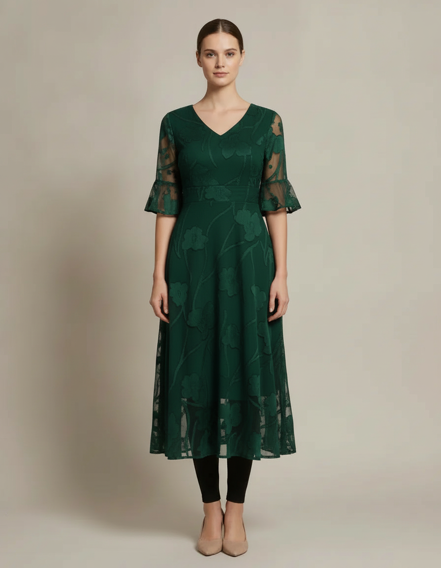 Lace Jacquard Midi Dress — Green