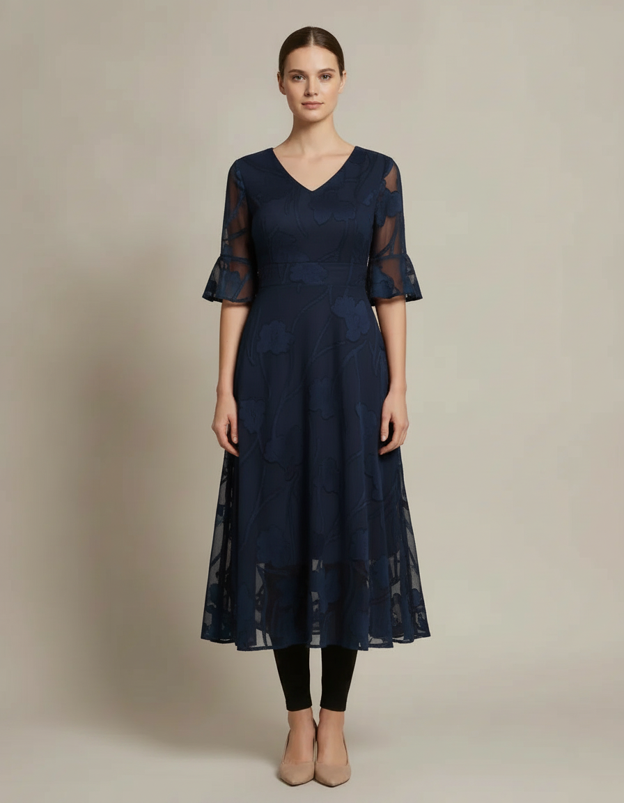 Lace Jacquard Midi Dress — Navy