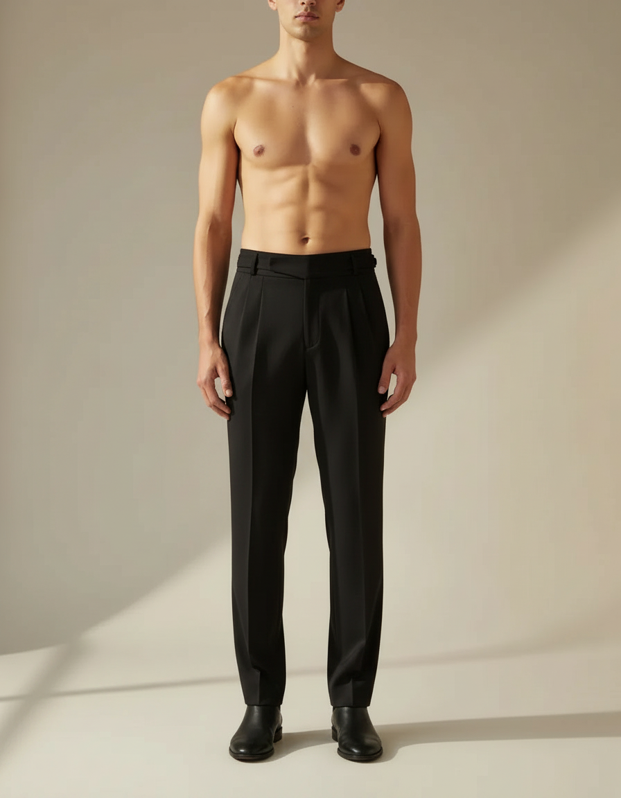 Pleated Straight Trousers — Black