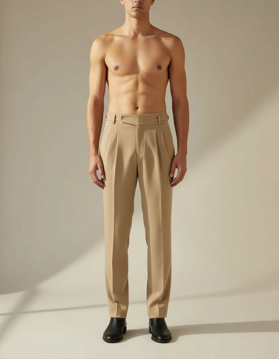 Pleated Straight Trousers — Khaki