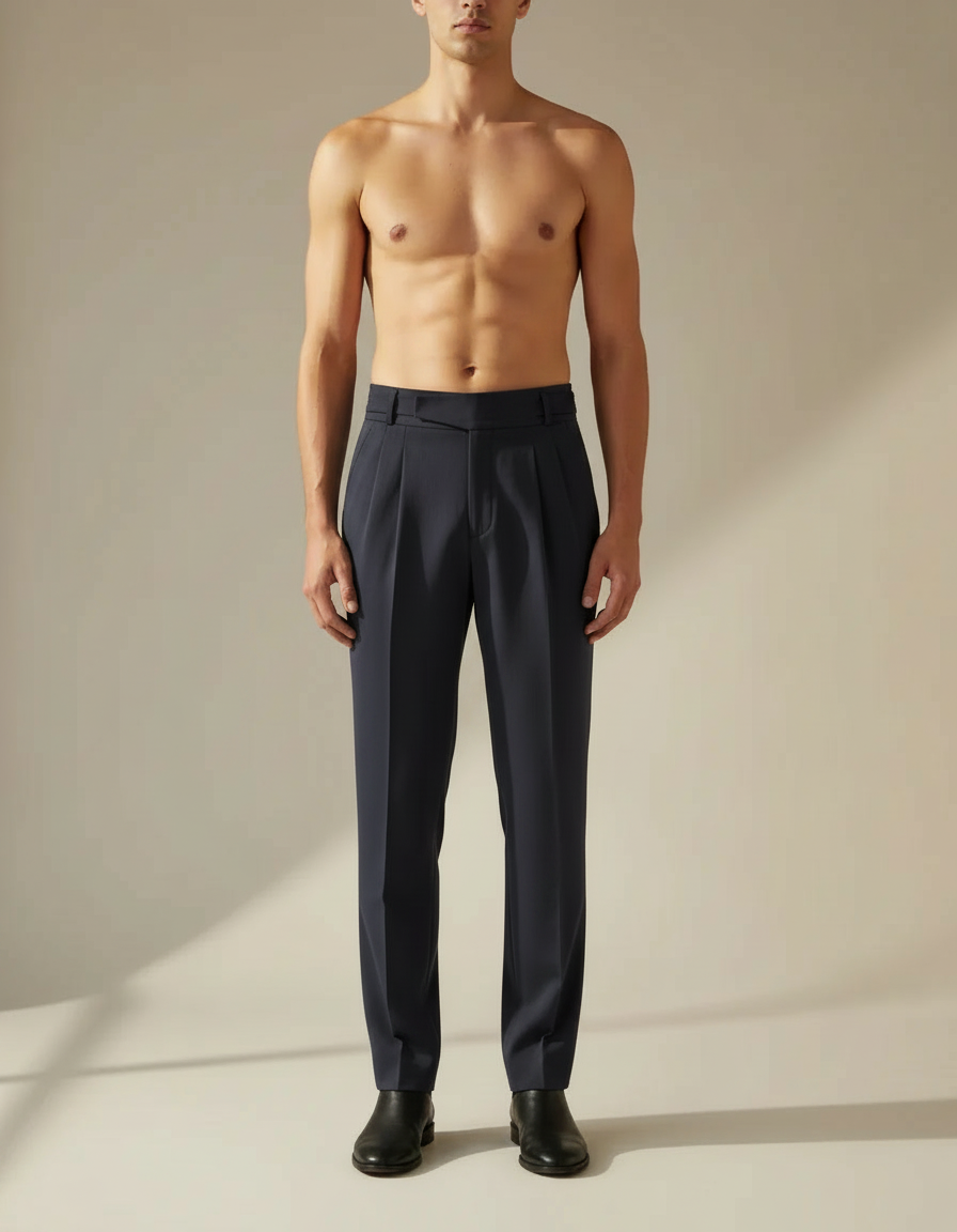 Pleated Straight Trousers — Navy