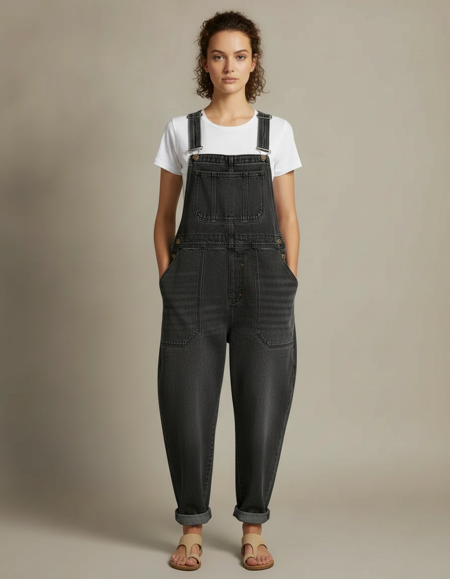 Relaxed Denim Overalls — Black