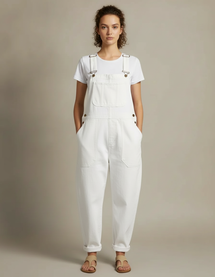 Relaxed Denim Overalls — White