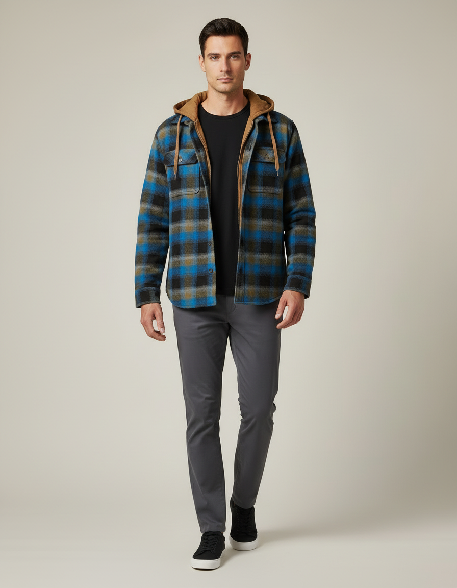 Sherpa Lined Plaid Hooded Jacket — in motion