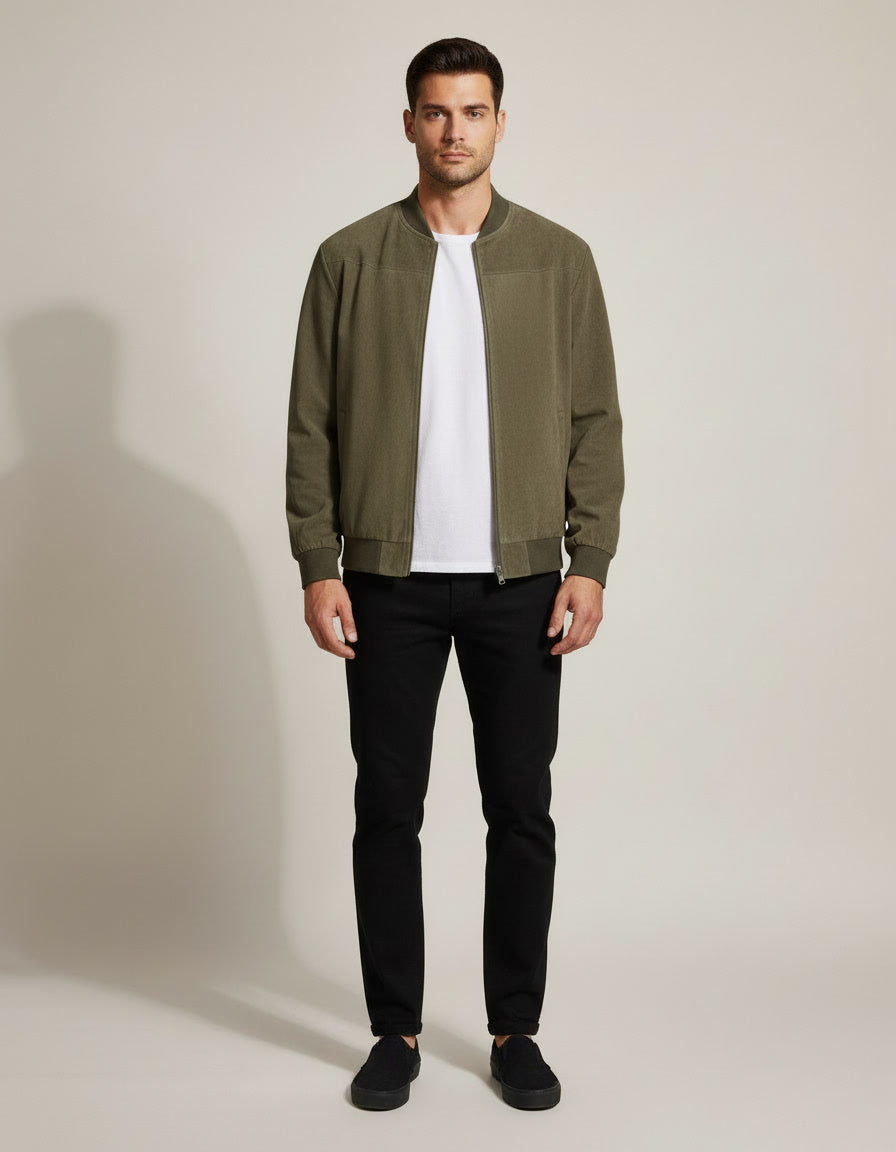 Suede Bomber Jacket — Army Green