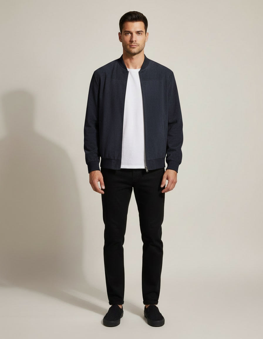 Suede Bomber Jacket — Navy