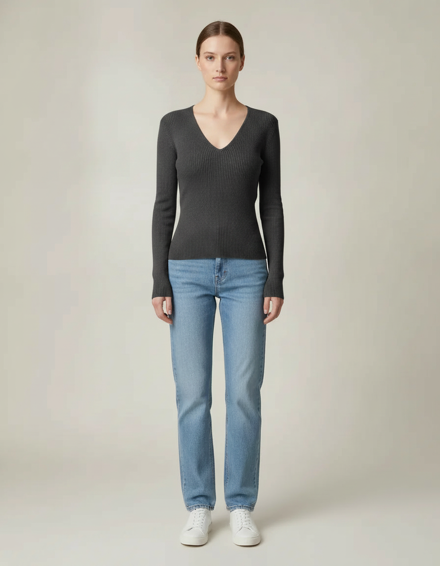 V-Neck Rib Knit Top — Charcoal