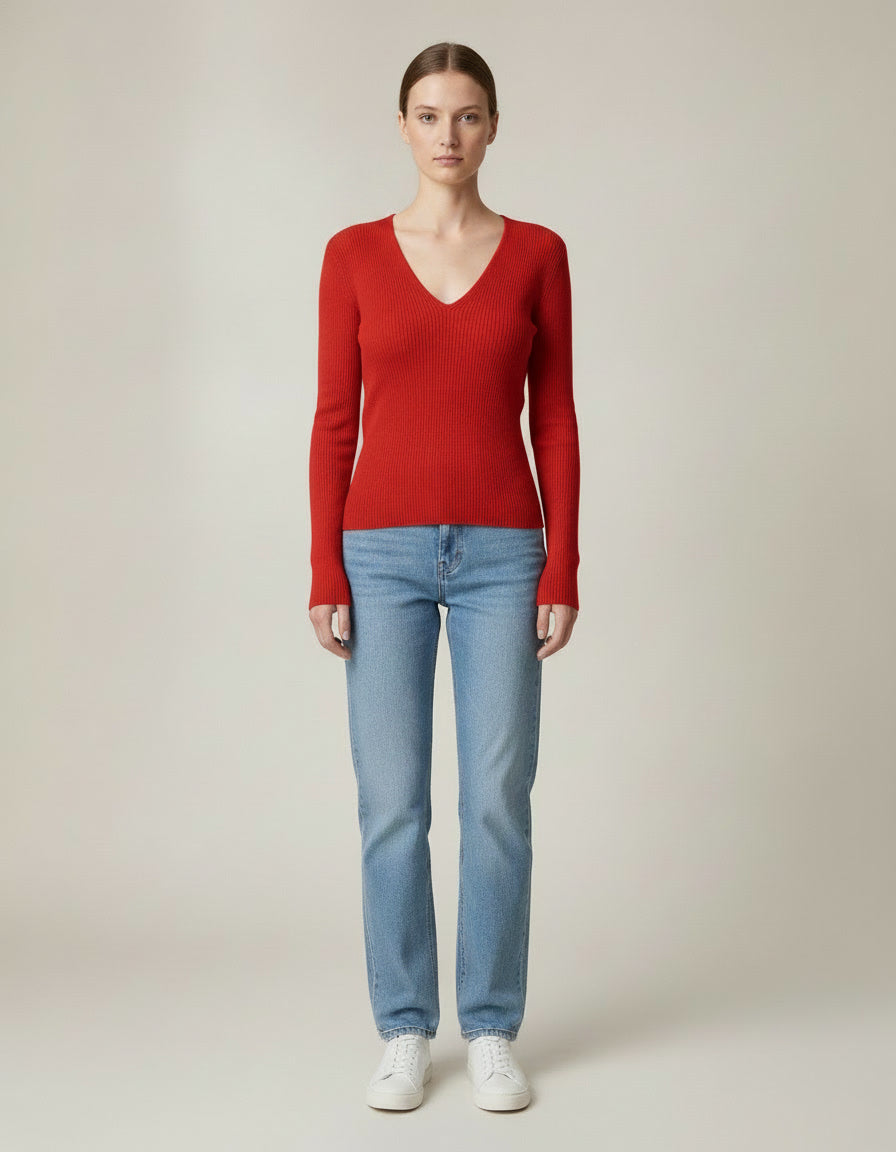 V-Neck Rib Knit Top — Red