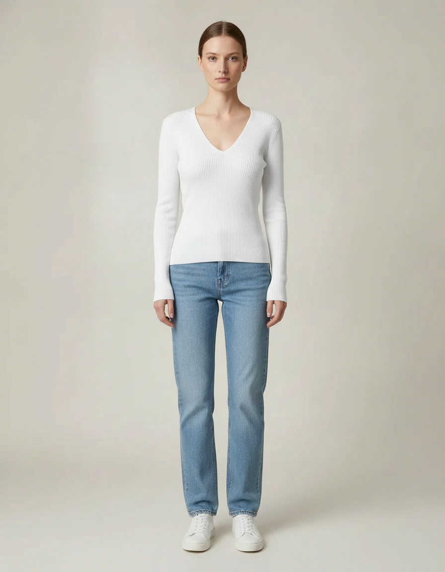V-Neck Rib Knit Top — White